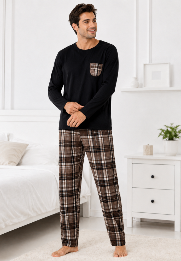 Pijama barbati Serena cu maneca lunga si pantalon lung-Negru,Engros